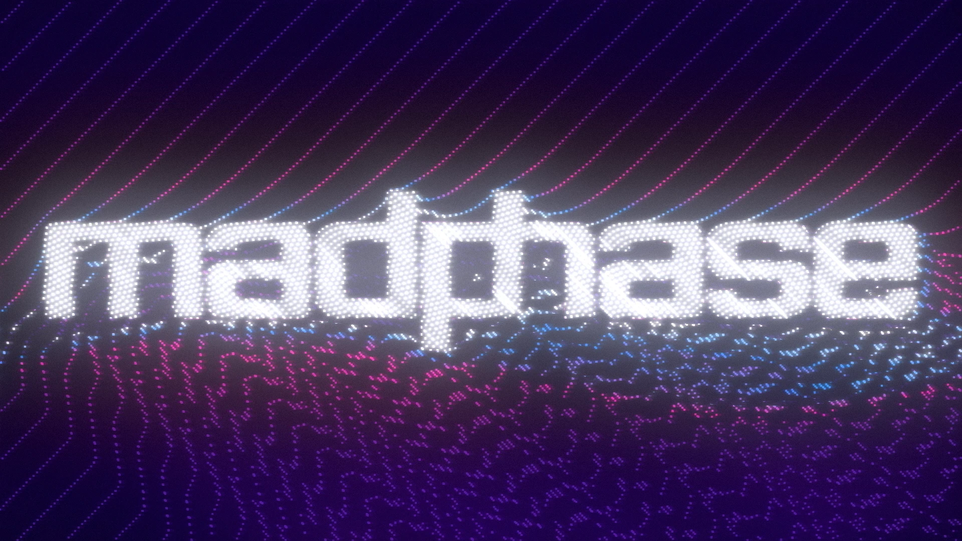 The madphase wordmark glowing over a purple, blue, and pink particle field